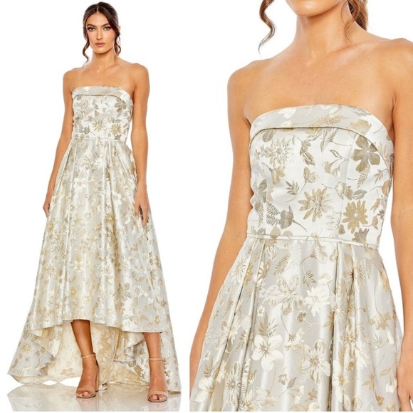 Mac Duggal NEW White Gold Brocade Strapless Golden Floral High Low Gown - Size 6 - Picture 1 of 15